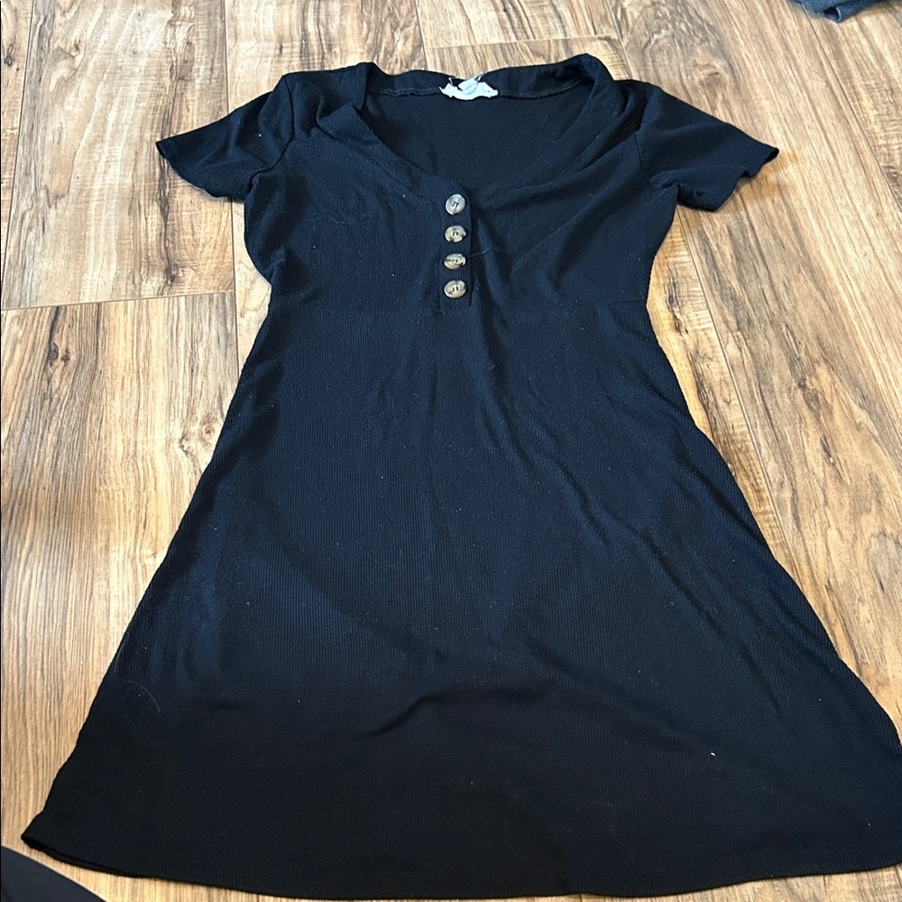 Pink Rose Black Short Sleeve Button Front A-Line Dress